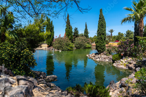 Beautiful lake in the center of the city in the Parque de las Naciones in the town of Torrevieja, Alicante, Mediterranean Sea. Spain
