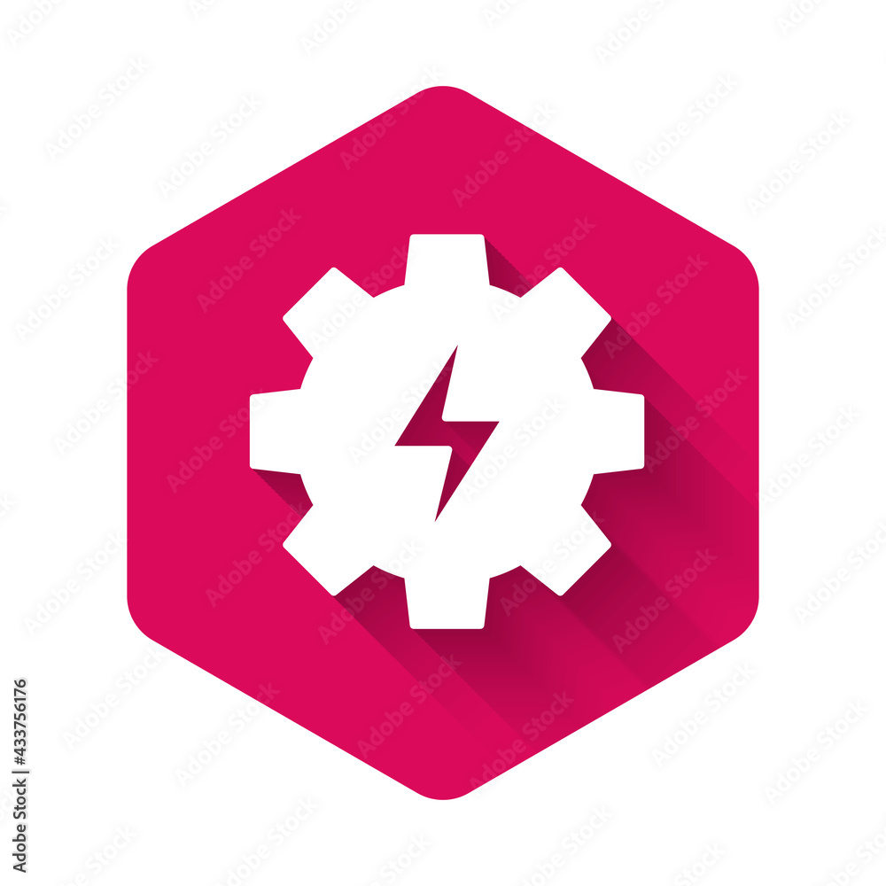 White Gear and lightning icon isolated with long shadow background. Electric power. Lightning bolt sign. Pink hexagon button. Vector White Gear and lightning icon isolated with long shadow background. Electric power. Lightning bolt sign. Pink hexagon button. Vector