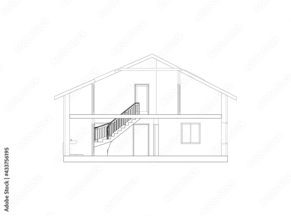 Architectural black and white background. Cross-section suburban house. Vector blueprint.