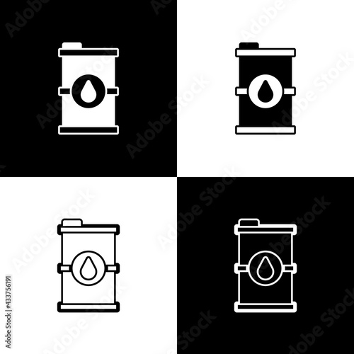 Set Bio fuel barrel icon isolated on black and white background. Eco bio and canister. Green environment and recycle. Vector