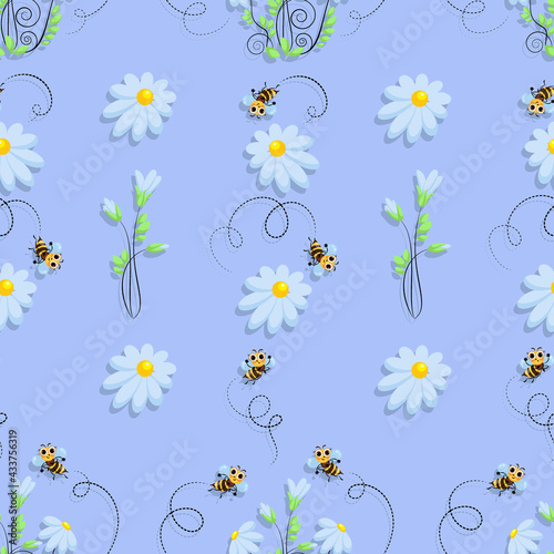 Bees. Vector background. Bee swarm in a camomile meadow. Bee meadow. Cute cartoon character. Seamless pattern. Design for childrens textiles. Vector illustration