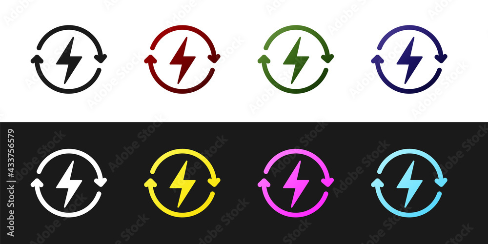 Set Recharging icon isolated on black and white background. Electric energy sign. Vector Set Recharging icon isolated on black and white background. Electric energy sign. Vector