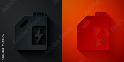 Paper cut Eco fuel canister icon isolated on black and red background. Eco bio and barrel. Green environment and recycle. Paper art style. Vector