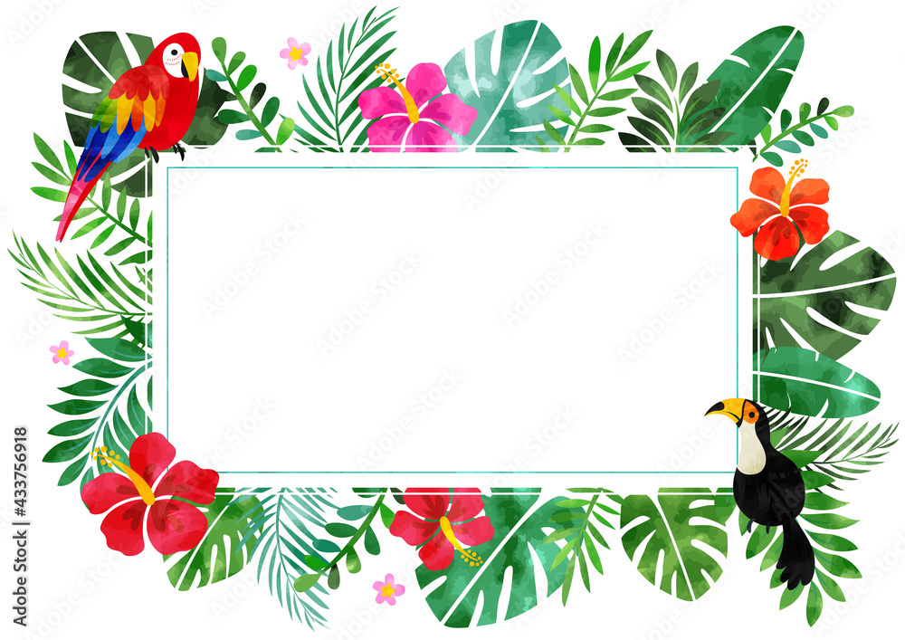 Naklejka premium 水彩 ハイビスカスとトロピカルな夏の背景フレーム