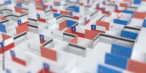 Fictional credit card maze with flag of Chile. Financial problems related 3D rendering