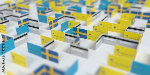 Fictional credit card maze with flag of Sweden. Financial difficulties related 3D rendering