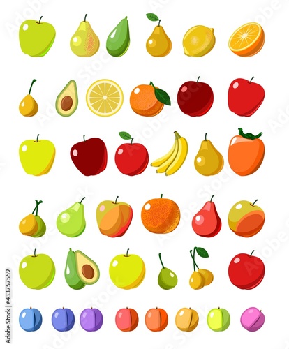 Fototapeta Naklejka Na Ścianę i Meble -  The most popular fruits are fruit trees in the tropics and temperate climates. Set. Cartoon flat style. Apples, pears, plums, bananas, oranges, lemons, persimmons, avocados. Vector