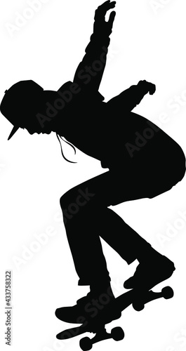 Silhouette of a young man performing a trick on a skateboard vector illustration