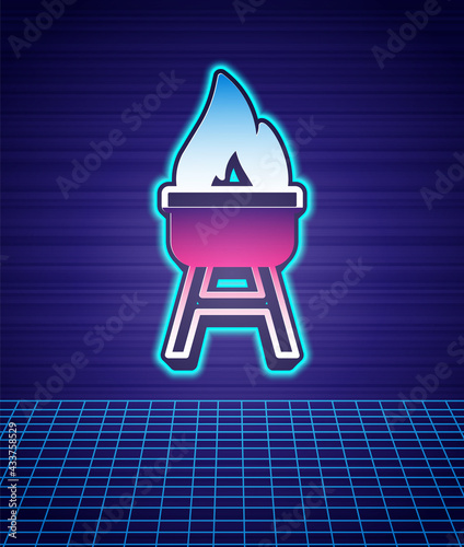 Retro style Barbecue grill icon isolated futuristic landscape background. BBQ grill party. 80s fashion party. Vector