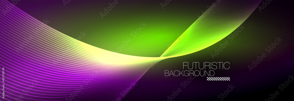 Abstract neon glowing light in the dark with waves. Shiny magic energy and motion concept, vector abstract wallpaper background Abstract neon glowing light in the dark with waves. Shiny magic energy and motion concept, vector abstract wallpaper background