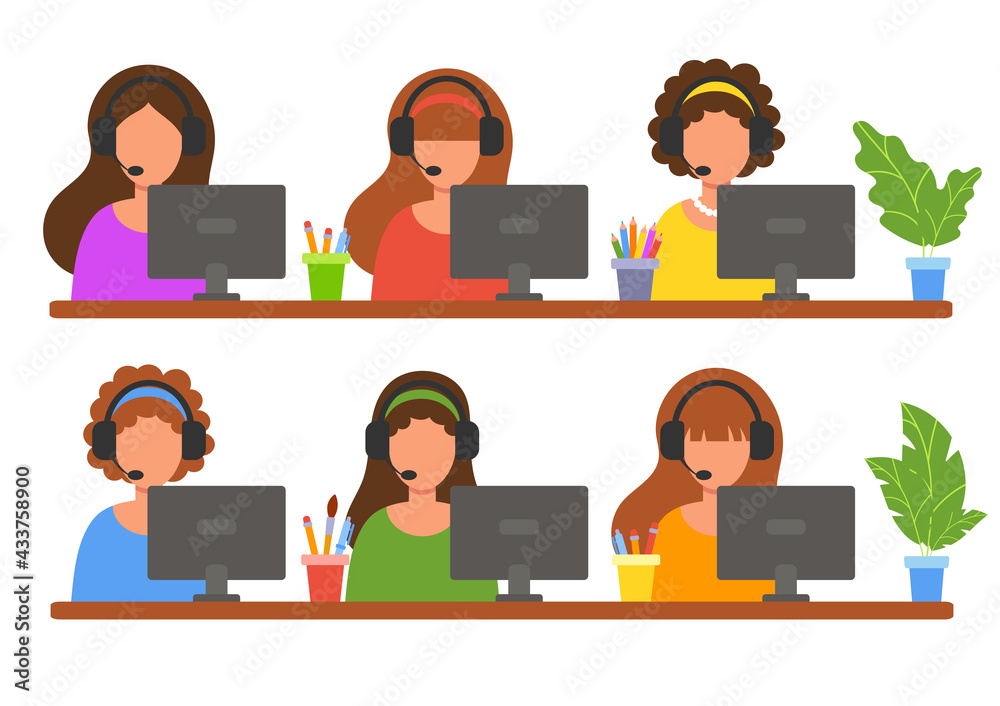 Work in a call center. Online customer service. Helping clients. Concept illustration for support, hotline, telemarketing. Vector in flat style isolated on white background. Work in a call center. Online customer service. Helping clients. Concept illustration for support, hotline, telemarketing. Vector in flat style isolated on white background.