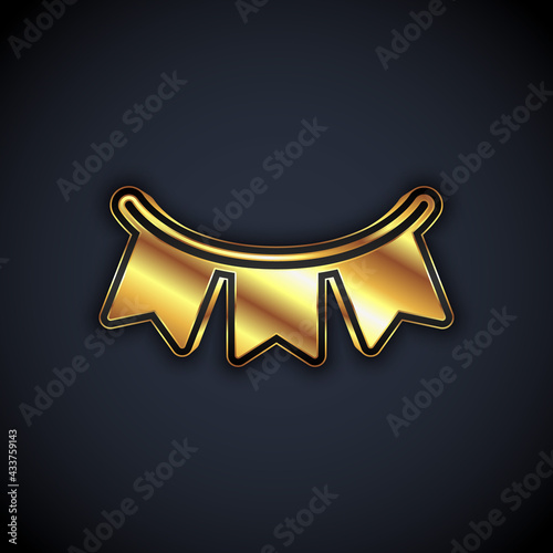 Gold Carnival garland with flags icon isolated on black background. Party pennants for birthday celebration, festival decoration. Vector