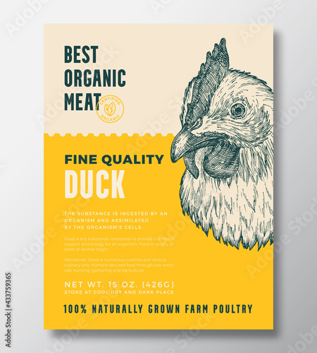 Bird Portrait Organic Meat Abstract Vector Packaging Design or Label Template. Farm Grown Poultry Banner. Modern Typography and Hand Drawn Chicken Head Sketch Background Layout with Soft Shadow
