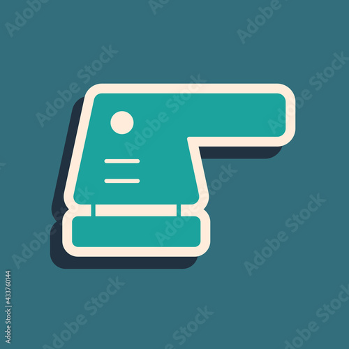 Green Electric sander icon isolated on green background. Orbital sander. For floor and wooden planks sanding sandpaper. Long shadow style. Vector