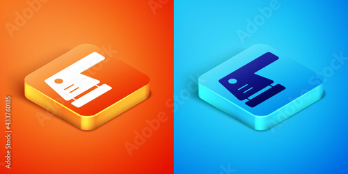 Isometric Electric sander icon isolated on orange and blue background. Orbital sander. For floor and wooden planks sanding sandpaper. Vector