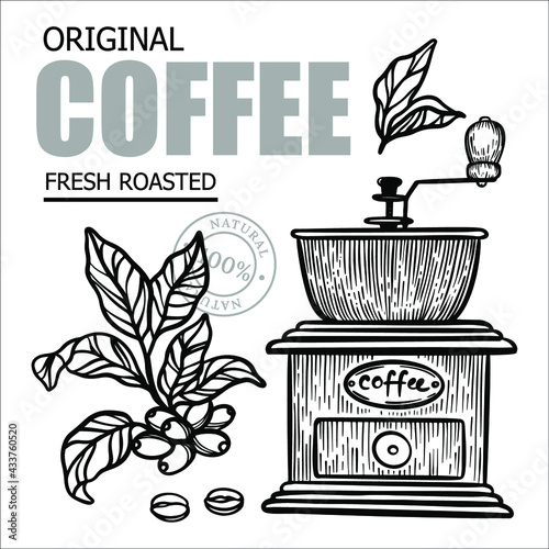 COFFEE MILL AND COFFEE BRANCH Design Of Stickers And Labels For Shop Of Dessert Drink Products In Vintage Style Hand Drawn Vector Illustration Set For Print