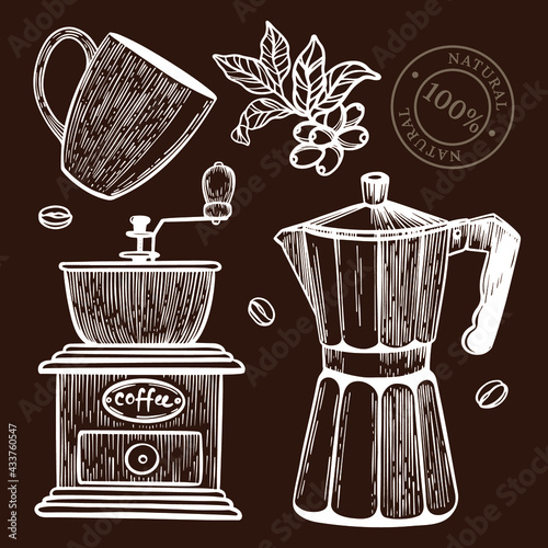 COFFEE MILL SKETCH Design Of Stickers And Labels For Shop Of Dessert Drinks And Naturals In Vintage Style Hand Drawn Clip Art Vector Illustration Set For Print