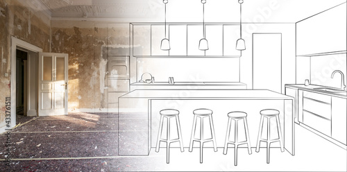 kitchen plan illustration and room berfore renovation concept drawing