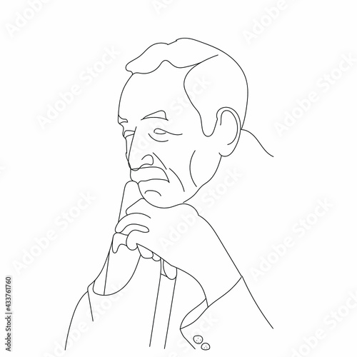 An elderly man is sitting and leaning on a cane