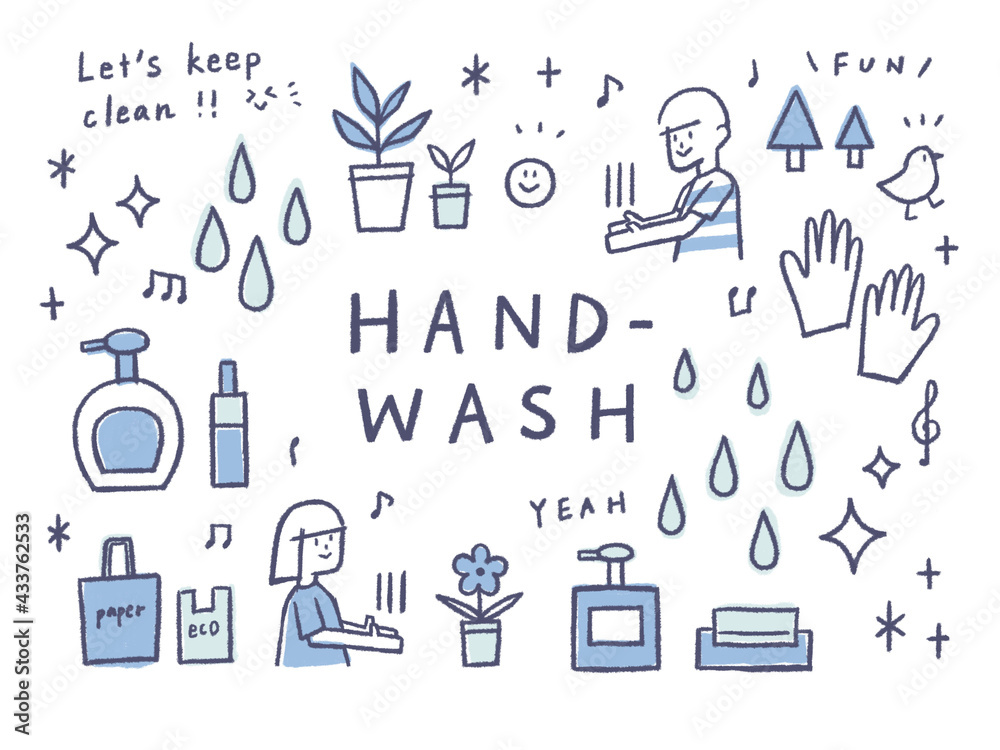Fototapeta premium 手描き風_hand-washのイラストセットblue