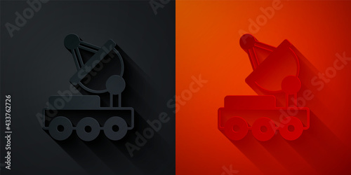 Paper cut Mars rover icon isolated on black and red background. Space rover. Moonwalker sign. Apparatus for studying planets surface. Paper art style. Vector