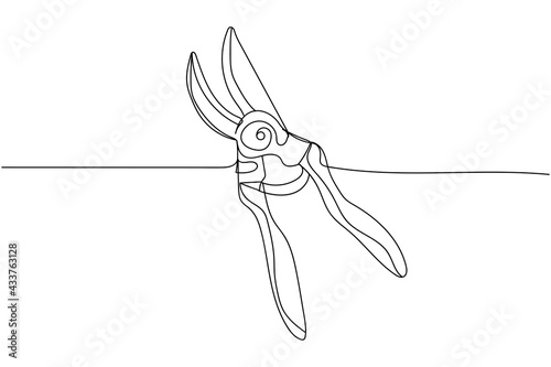 Continuous one line of pruning shears garden secateur in silhouette. Linear stylized. Minimalist.