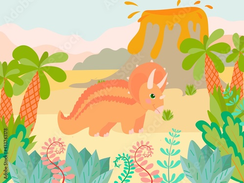 Set of cute dinosaurs on the background of nature in cartoon style. Bright childish drawing with animals. Vector illustration isolated on white background.