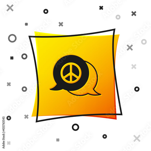Black Peace icon isolated on white background. Hippie symbol of peace. Yellow square button. Vector