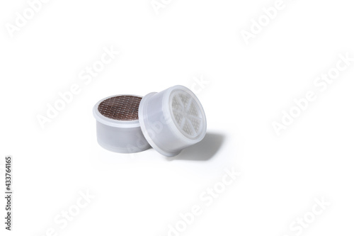 Italian Espresso Coffee Capsules, Isolated on White Background – FAP Epresso Point System Machine Compatible Plastic Pod – Detailed Close-Up Macro, High Resolution photo