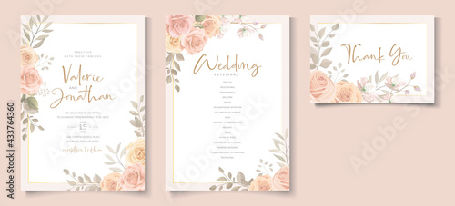 Elegant wedding invitation template with peach color floral theme