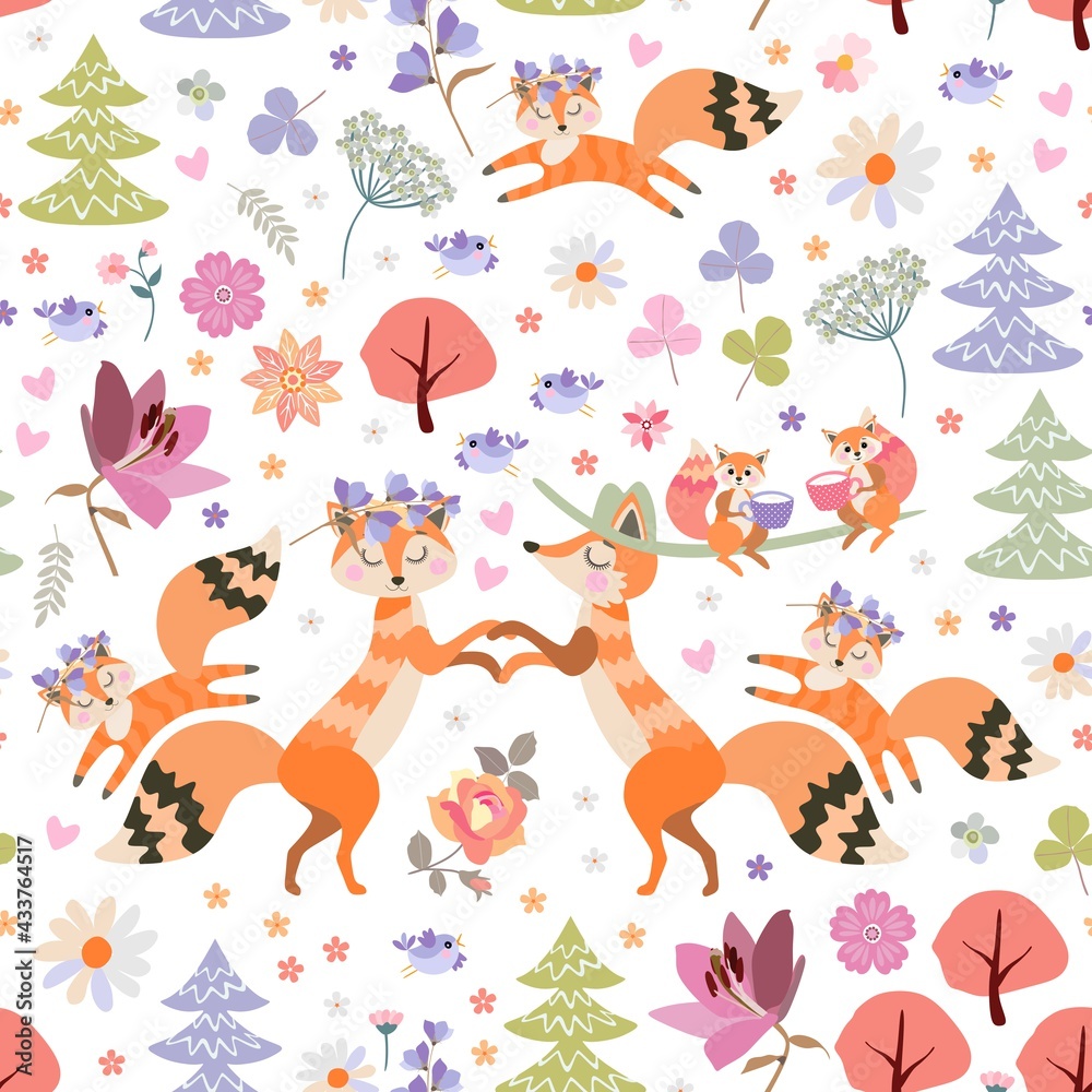 Cute seamless pattern with foxes, squirrels and birds in fairytale forest with trees and flowers. Beautiful print for fabric, textile, wallpaper.