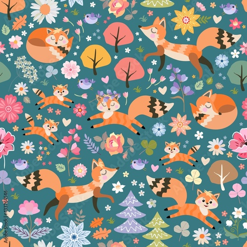 Foxes and birds in fairy forest with beautiful flowers and trees. Cute seamless pattern.