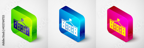 Isometric United States Capitol Congress icon isolated on grey background. Washington DC, USA. Square button. Vector