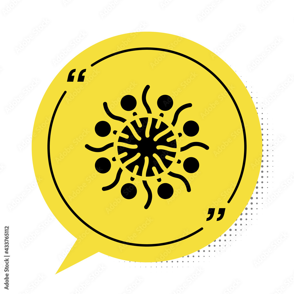 Black Firework icon isolated on white background. Concept of fun party. Explosive pyrotechnic symbol. Yellow speech bubble symbol. Vector Black Firework icon isolated on white background. Concept of fun party. Explosive pyrotechnic symbol. Yellow speech bubble symbol. Vector