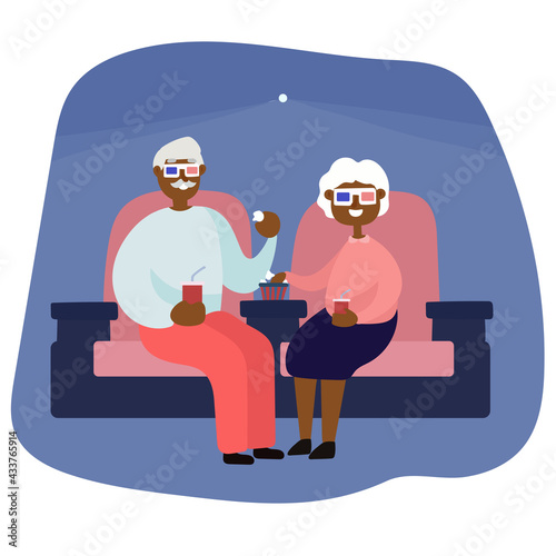 Vector illustration. Couple of seniors in cinema. Black grandfather and grandmother.