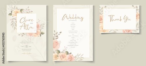Elegant wedding invitation template with peach color floral theme