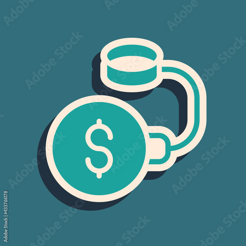 Green Debt ball chained to dollar coin icon isolated on green background. Big heavy debt weight with shackles and money. Financial crime, fee, crisis. Long shadow style. Vector