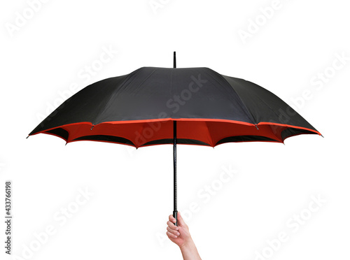 hand holding an umbrella on isolated white background
