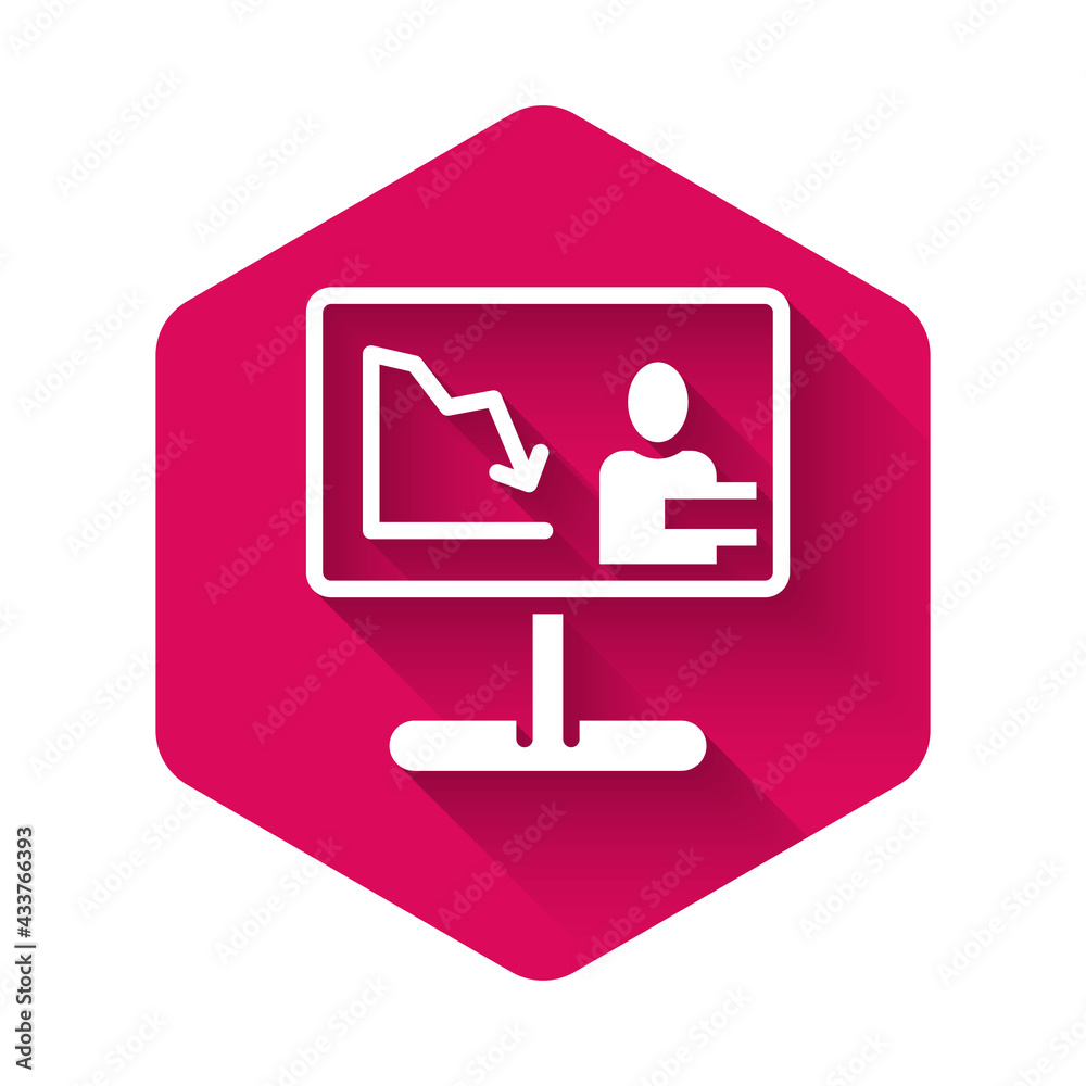 White Global economic crisis news icon isolated with long shadow background. World finance crisis. Pink hexagon button. Vector White Global economic crisis news icon isolated with long shadow background. World finance crisis. Pink hexagon button. Vector