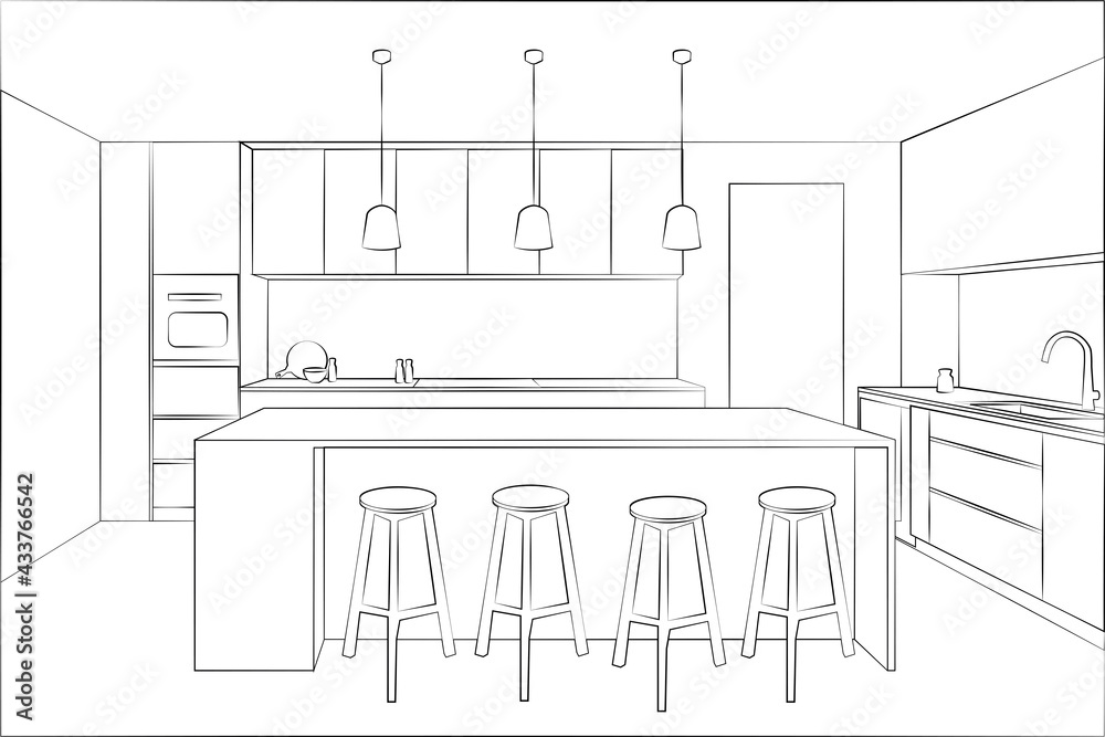 kitchen illustration, interior sketch drawing -