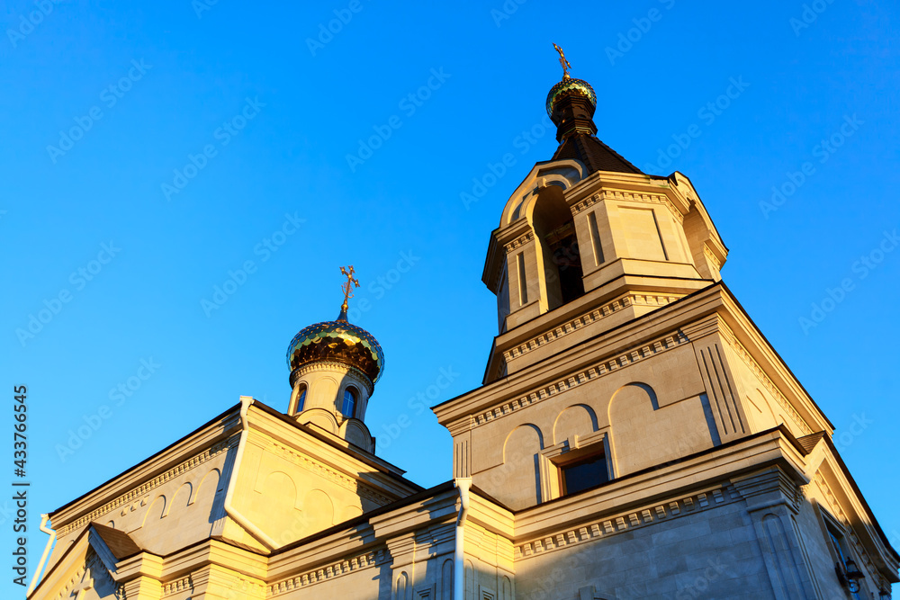 Church with golden domes in Orheiul Vechi . Famous monastery in Moldova on the hill in village  Butuceni