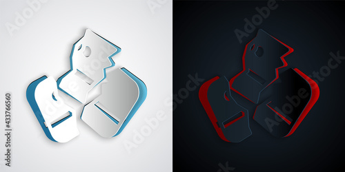 Paper cut Scissors cutting a credit card icon isolated on grey and black background. Online payment. Cash withdrawal. Financial operations. Shopping sign. Paper art style. Vector