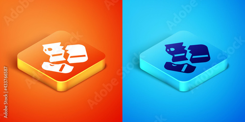Isometric Scissors cutting a credit card icon isolated on orange and blue background. Online payment. Cash withdrawal. Financial operations. Shopping sign. Vector