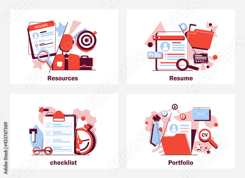 Concept Human Resources, Recruitment for web page, banner, presentation, social media, documents, cards, posters. Vector illustration filling out resumes, hiring employees, people fill out the form