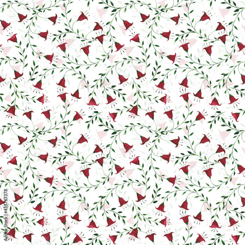 Watercolor bellflower seamless pattern on white background. Dark red flowers and green leaves ornament. Campanula design element for fabric, textile, wallpaper, wrapping paper and decoration.
