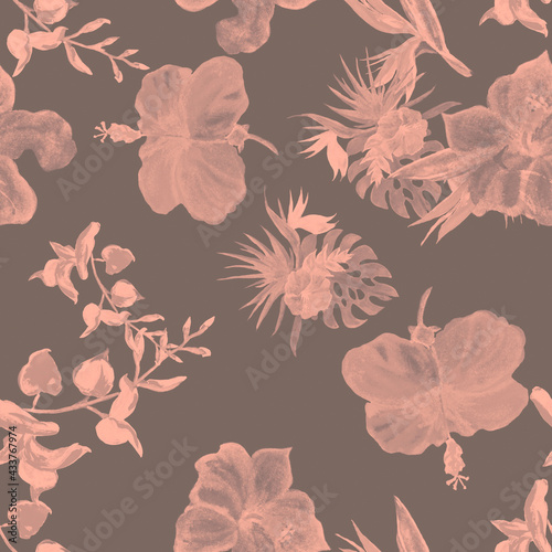 Wallpaper Mural Gray Hibiscus Textile. Brown Flower Garden. Coral Seamless Foliage. Watercolor Texture. Pattern Plant. Pink Tropical Set. Exotic Plant. Art Background. Torontodigital.ca