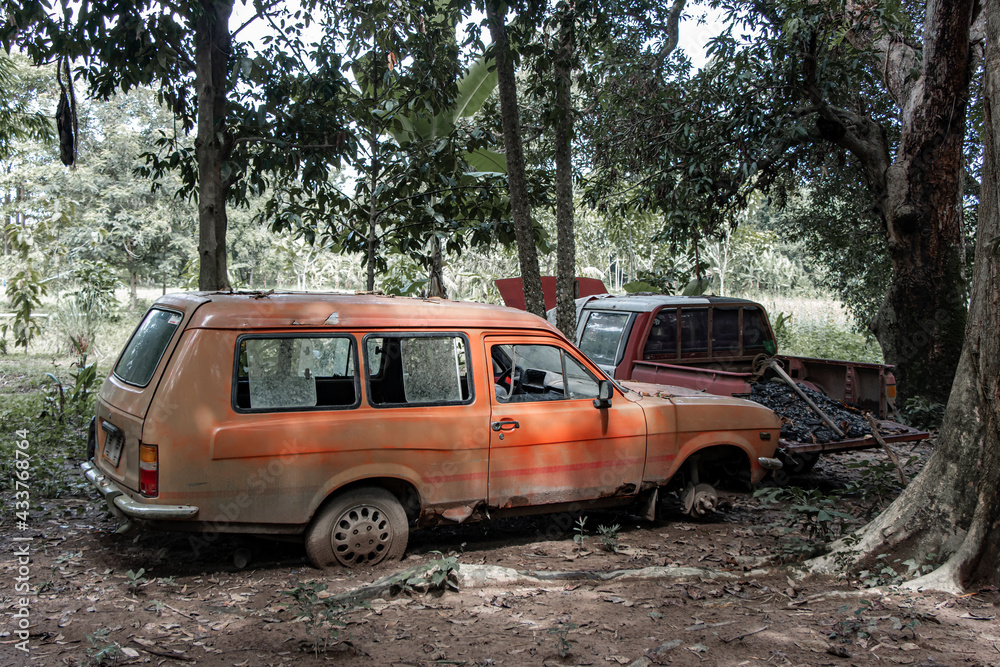 Wrecks of old cars among the trees in the forest. Wrecks of old cars among the trees in the forest.