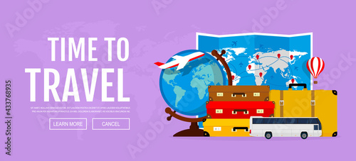 Travel and tourism horizontal web banner. Suitcases, globe, folded map, bus, balloon. Vector illustration. Flat design.