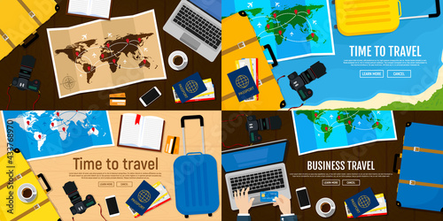 Web banners set on the theme of travel. Vector illustration. Flat modern design.