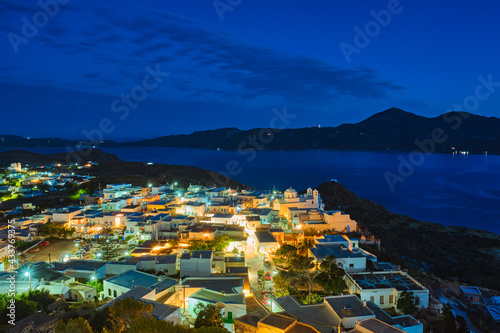 Greek town Plaka aerial view in the evening. Milos island, Greece